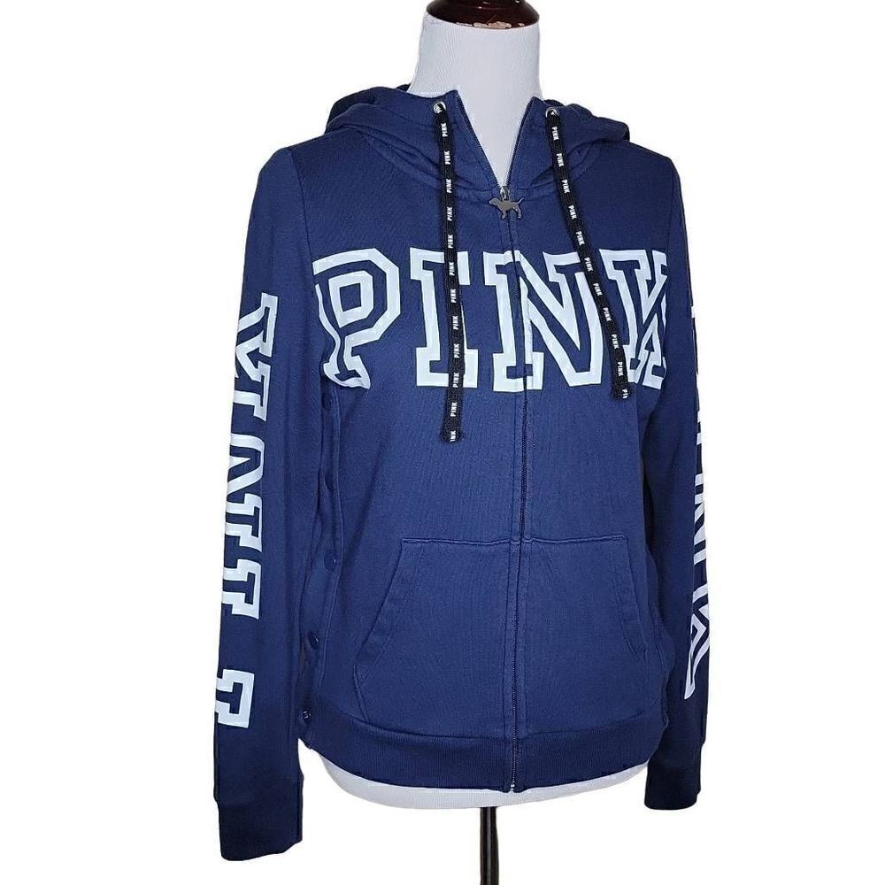 PINK Victoria's Secret Side Snap Full Zip Hoodie Jacket Navy Blue Small